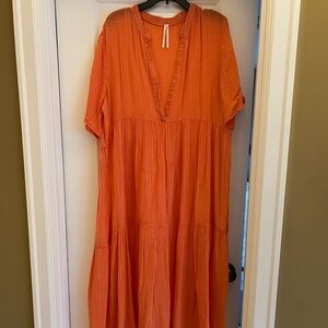 Anthropologie Coral Orange V-Neck Kallie Maxi Dress